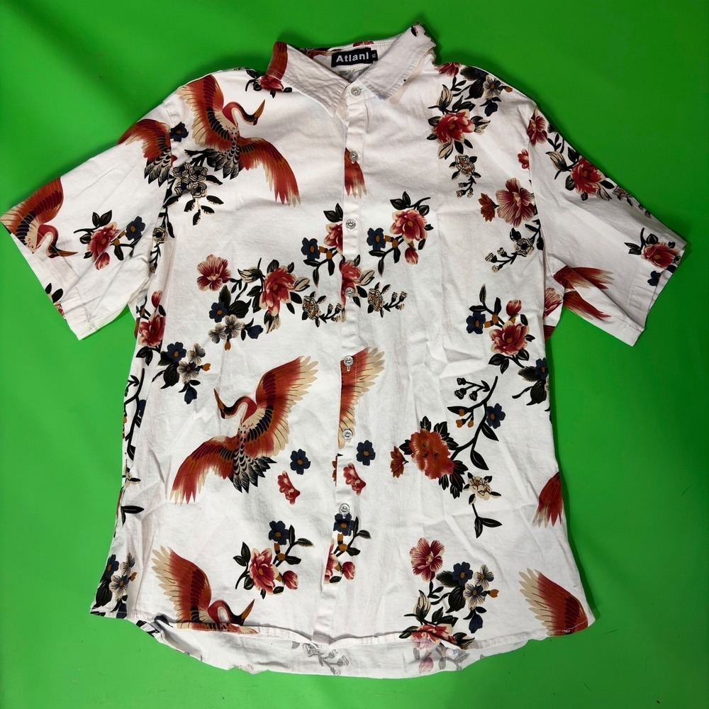 Atlanl Crane Floral AOP Button Up Shirt Mens XL White S/S Casual Stretch Party